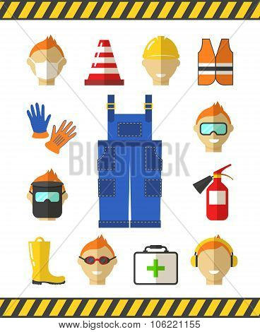 Safety at work. Job safety flat icons. Protective equipment