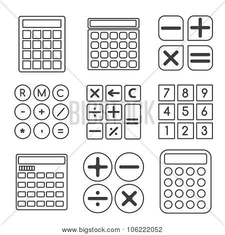 Calculator vector linear or outline icons set