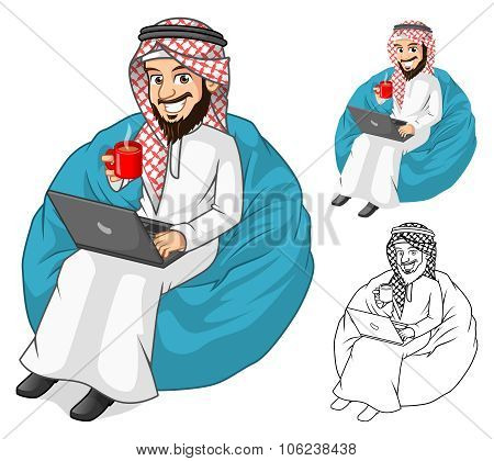 Arab_businessman_holding_a_cup_of Coffee_and_laptop_with_sit_pose_cartoon_character_by_ridjam.eps