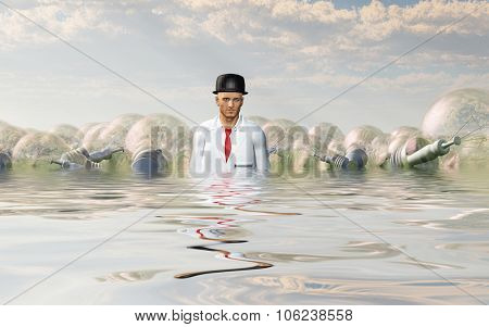 Man with large ideas surrounding him in the form of classic light bulbs In flooded Landscape