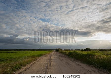 Road Through The Fields At Sunset