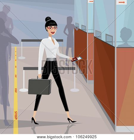 Business Woman Pass The Passport Control