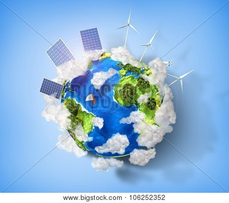 Concept Of Green Energy And Protect Enviroment Nature. Green Planet Earth With Batteries Of Solar En