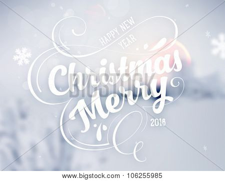 Winter Background. Blurred Landscape with Snow Drifts, Snowfall and Christmas Trees in the distance. Holiday Vector Illustration with Snowflakes, Sky and Xmas Label.