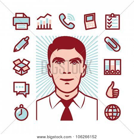 Manager with Fat Line Icons for web and mobile. Modern minimalistic flat design elements of career manager, office work, analyzing and calculating, time management and logistics
