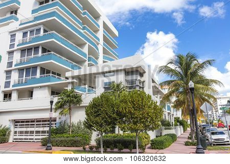 White And Blue Building In Ocean Drive. Miami Beach, Florida