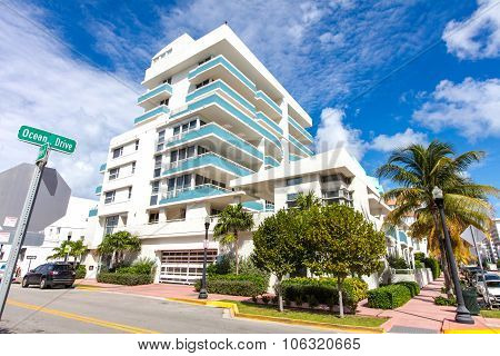 White And Blue Building In Ocean Drive. Miami Beach, Florida