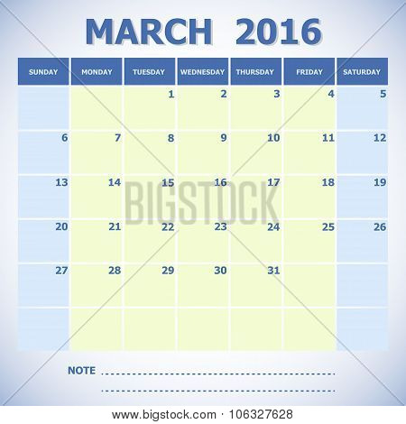 Calendar March 2016 Week Starts Sunday