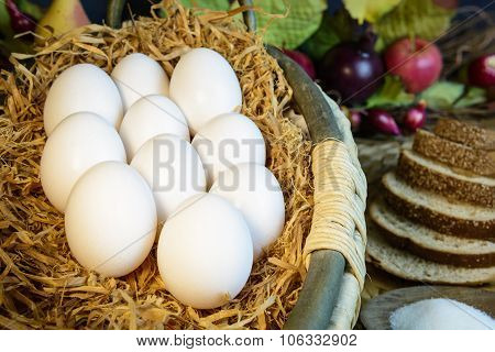 Still Life Eggs On Hay In Basket