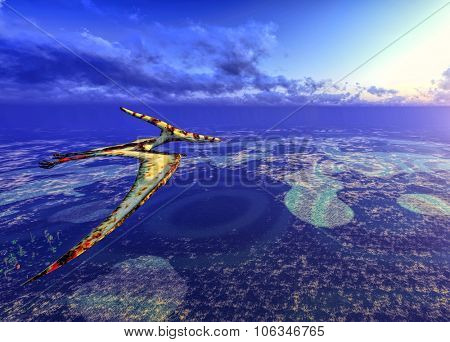 Huge pterodactyl flying over land