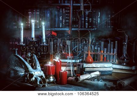 Medieval alchemist laboratory. Halloween. Fairy-tale interior.