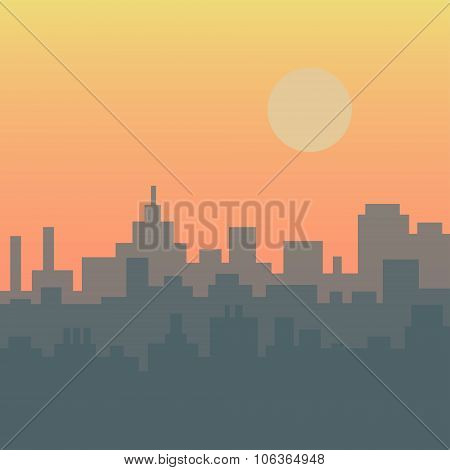 Modern city building silhouette in sunset shining