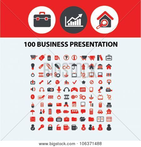 100 business presentation, marketing, market icons, signs set for infographics 