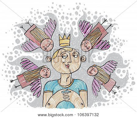 Alpha Male Concept. Magnetism Idea Vector Simple Illustration, Hand Drawn Man With A Crown On A Head