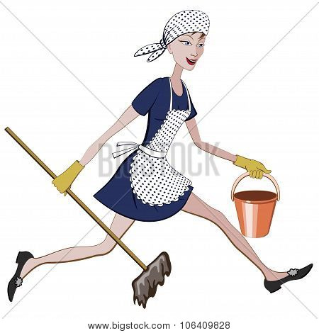 Cartoon Charwoman Running With A Bucket And Mop In Hand