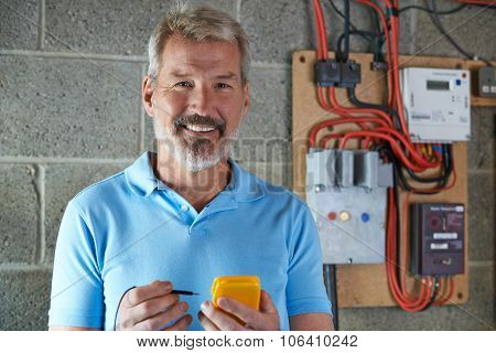 Portrait Of Electrician Standing Next To Fuseboard