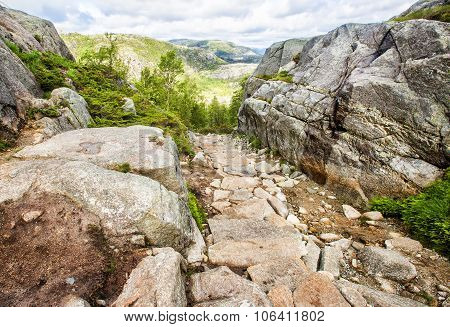 Hiking trail and alpine landscape of the Preikestolen and Lysefjord area in Rogaland, Norway