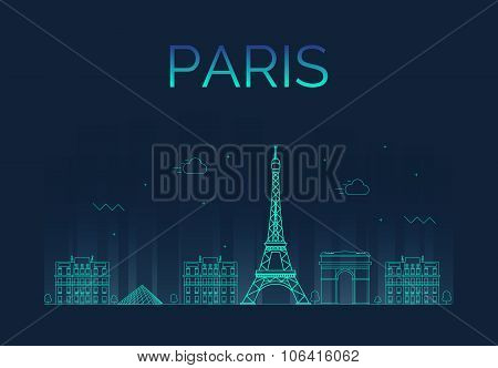 Paris City skyline detailed silhouette. Trendy vector illustration, line art style.