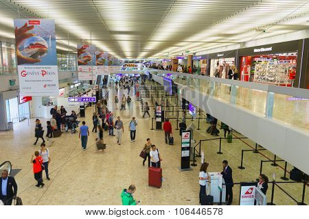 GENEVA, SWITZERLAND - SEPTEMBER 11, 2014: interior of Geneva Airport. Geneva Airport, formerly known as Cointrin Airport, is the international airport of Geneva