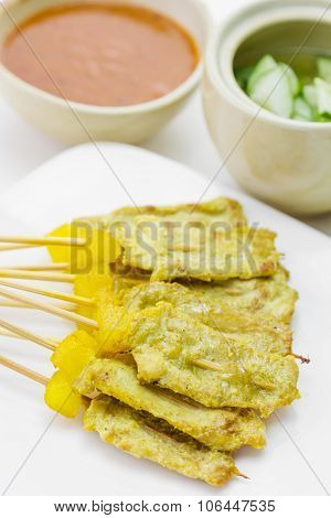 Grilled Pork Satay With Peanut Sauce And Vinegar, Thai Food.