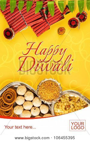 diwali crackers with diwali snacks or diwali food or diwali sweets in silver plate with mango leaf g