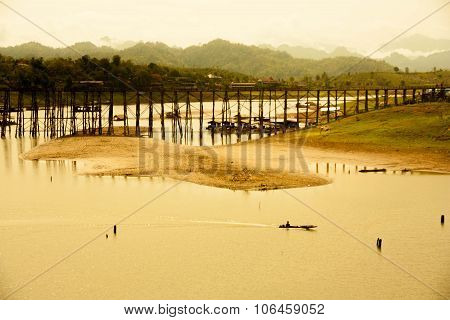 Mon Wood Bridge, Across River , Songkalia River, Thailand