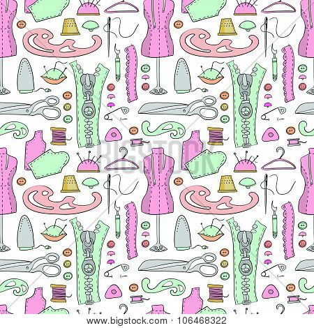 Seamless Pattern With Sewing Equipment.