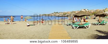 Sandy Beach, View Of The Duke Castle, Costa Adeje, Tenerife, Spain