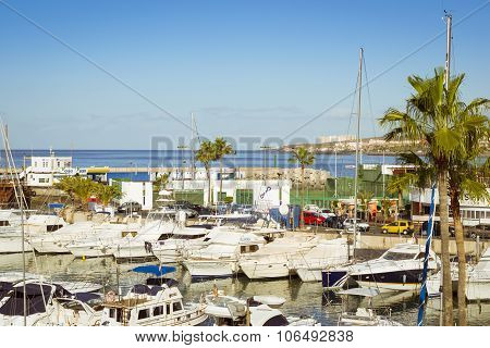 Luxury yachts on the dock at the yacht club Puerto Colon, Costa Adeje, Tenerife