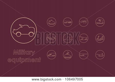 Set of military equipment simple icons