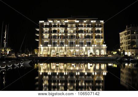 Luxury building of hotel with reflection, Montenegro.
