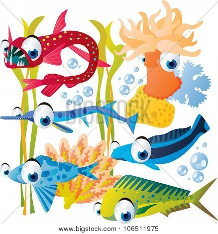Vector cute funny colorful fish set: anemone, viper fish, needle fish, plant, tile fish, drift fish, coryphaena
