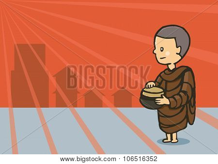 Monk Hold Bowl Food In Early Morning