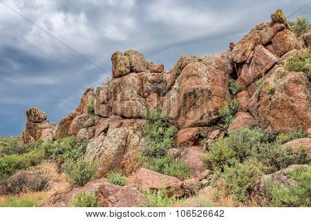sandstone rock formation under stormy sky - Eagle Nest Open Space near Fort Collins, COlorado, summer scenery