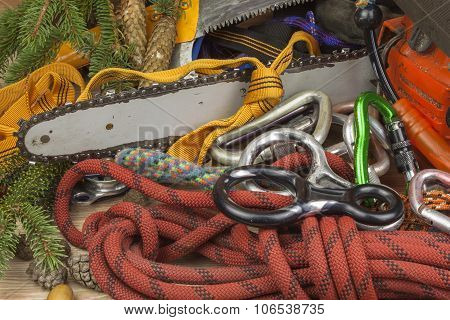 Tools for trimming trees, utility arborists. Chainsaw, rope and carabiners to work lumberjack
