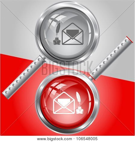 mail with feather and inkstandn. Raster magnifying glass.