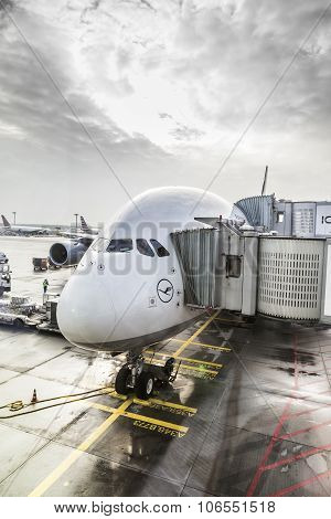 Lufthansa Airbus A380 At The Gate Of The Frankfurt Airport
