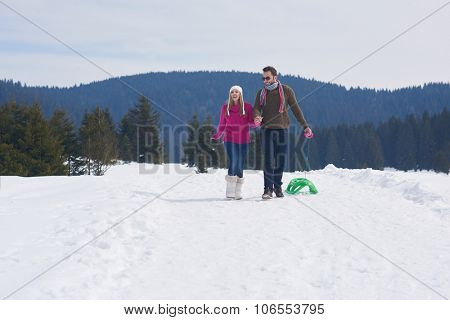 romantic winter  scene, happy young couple having fun on fresh show on winter vacatio, mountain nature landscape