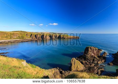 Beautiful Landscape Of Hill And Rock At Dunnottar Castle Area, Aberdeen Scotland, Uk