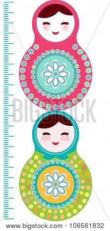 Russian Dolls Matryoshka On White Background, Pink And Blue Colors Children Height Meter Wall Sticke