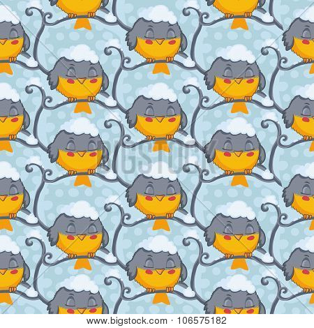 Bird tomtit vector seamless pattern. Winter background.