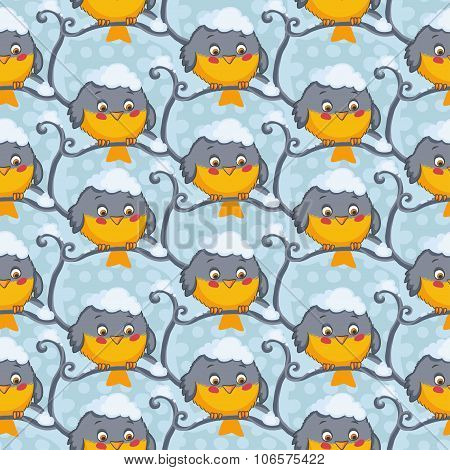 Bird tomtit vector seamless pattern. Winter background.