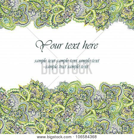 Green greeting card. Floral indian ornamental design