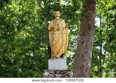 LJUBLJANA, SLOVENIA - JUNE 30: Congress Square gilded Statue of Citizen of Emona unearthed 1836, Ljubljana, Slovenia on June 30, 2015