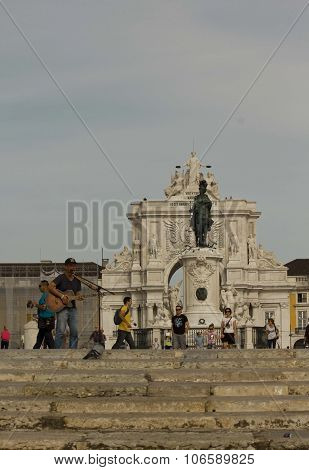 Street Singer In Commerce Square In Lisbon