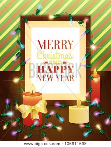 Picture Frame Decorated With Christmas Lights. Christmas Greeting Card.