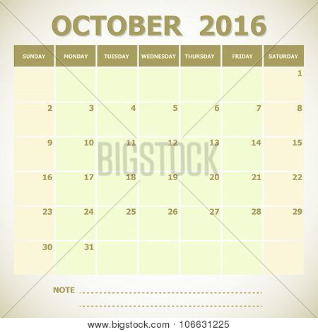 Calendar October 2016 Week Starts Sunday
