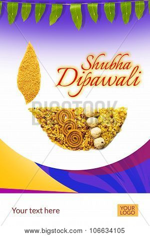 creative diwali diya or diwali greeting created using diwali snacks or diwali food, mango leaf toran