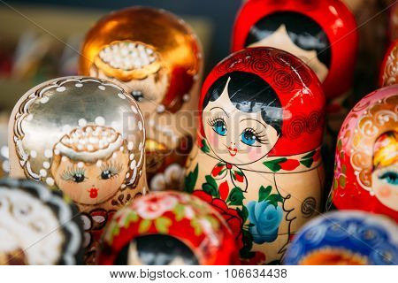 Colorful Russian Nesting Dolls Matreshka At Market.