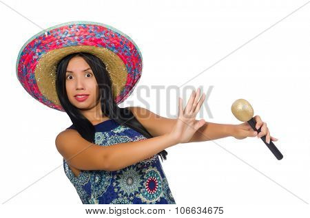 Young attractive woman wearing sombrero on white